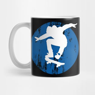 Grunge Urban Skateboarder Graffiti Style - White Silhouette with Blue Background Mug